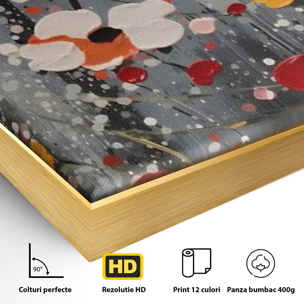 Detaliu al suprafetei: pictura abstracta cu flori si stropi, in rama de aluminiu auriu